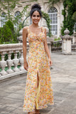 Yellow Flower A Line Square Neck Pleated Hollow Out Bridesmaid Dress With Slit