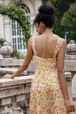 Yellow Flower A Line Square Neck Pleated Hollow Out Bridesmaid Dress With Slit
