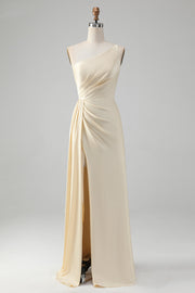 Champagne Sheath One Shoulder Pleated Long Bridesmaid Dress With Slit