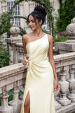 Sheath One Shoulder Pleated Champagne Bridesmaid Dress With Slit