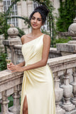 Sheath One Shoulder Pleated Champagne Bridesmaid Dress With Slit