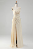 Champagne Sheath One Shoulder Pleated Long Bridesmaid Dress With Slit