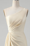 Champagne Sheath One Shoulder Pleated Long Bridesmaid Dress With Slit
