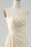 Champagne Sheath One Shoulder Pleated Long Bridesmaid Dress With Slit