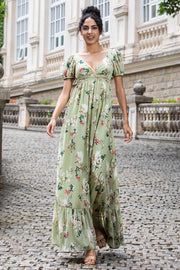 Green Large Flower A Line V Neck Chiffon Maxi Dress with Short Sleeves