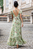 Green Large Flower A Line V Neck Chiffon Maxi Dress with Short Sleeves