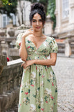 Green Large Flower A Line V Neck Chiffon Maxi Dress with Short Sleeves