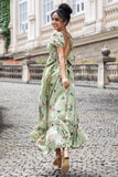 Green Large Flower A Line V Neck Chiffon Maxi Dress with Short Sleeves