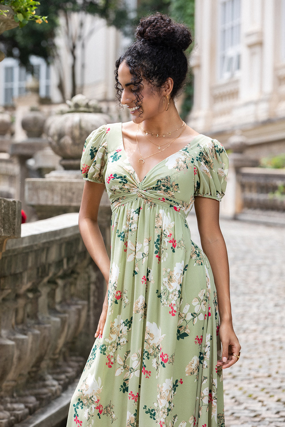 WEDTREND Women Green Large Flower Maxi Dress with Short Sleeves A Line V Neck Chiffon Bridesmaid Dress WEDTREND Women Green Large Flower Maxi Dress with Short Sleeves A Line V Neck Chiffon Bridesmaid Dress