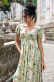 Green Large Flower A Line V Neck Chiffon Maxi Dress with Short Sleeves