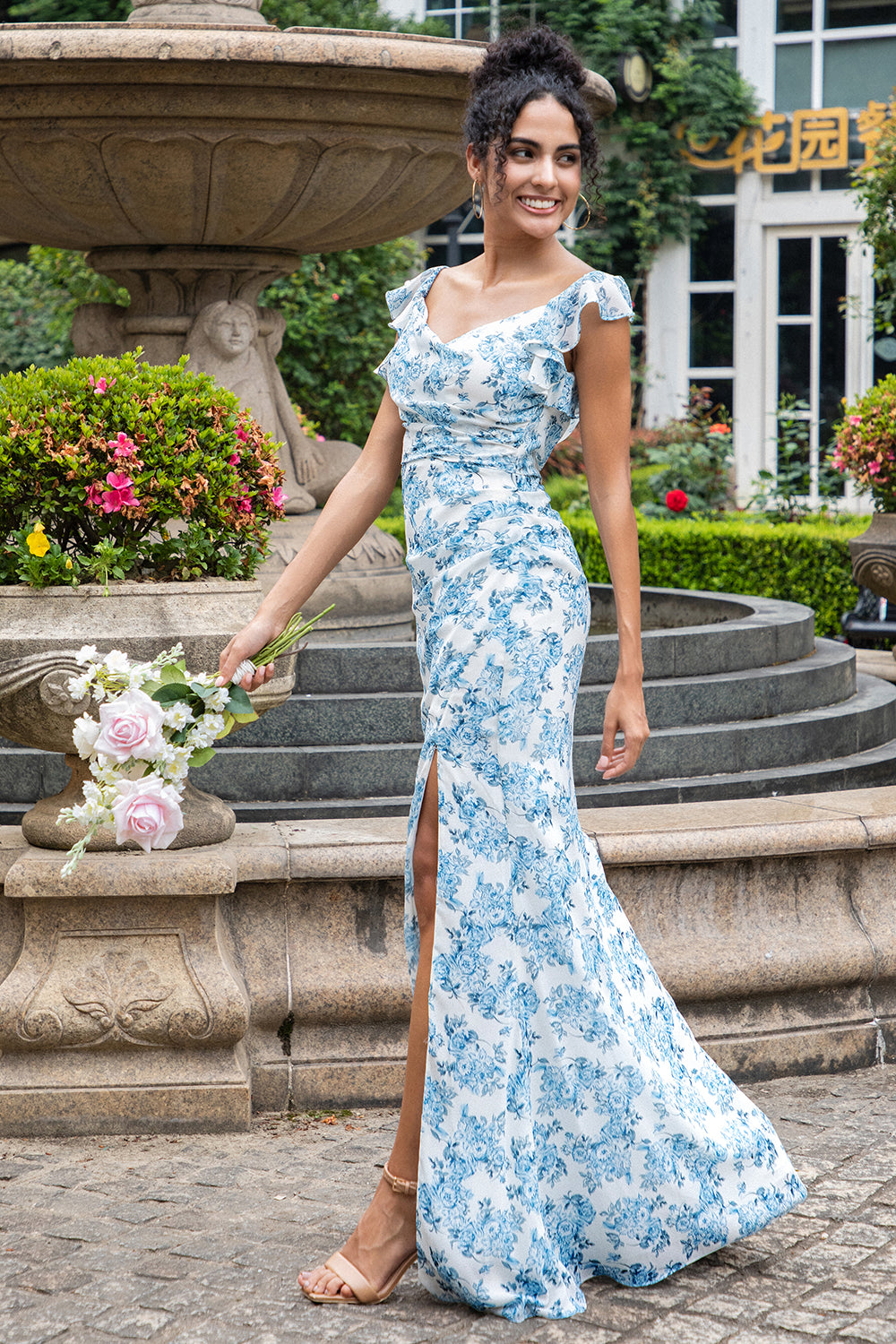 Wedtrend Women White Blue Flower Bridesmaid Dress with Slit Sheath Backless Long Wedding Guest Dress WEDTREND Wedtrend Women White Blue Flower Bridesmaid Dress with Slit Sheath Backless Long Wedding Guest Dress WEDTREND
