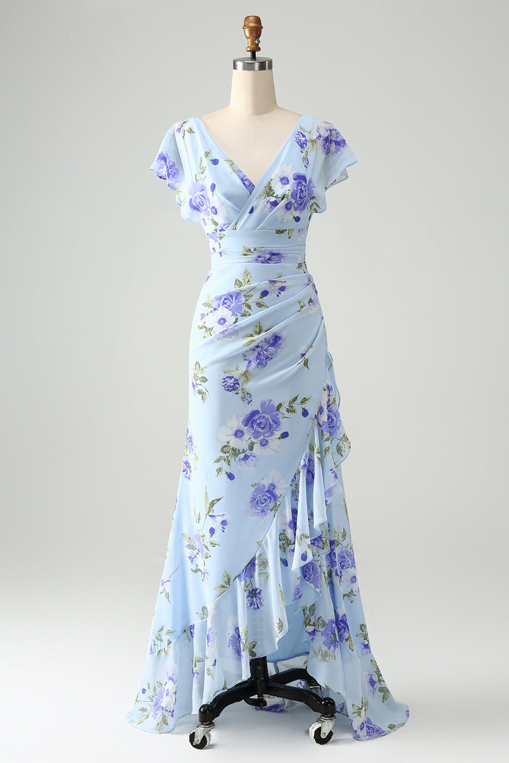 Wedtrend Women Blue Floral Wedding Guest Dress V Neck A Line Maxi Dress with Ruffles Asymmetrical Bridesmaid Dress, Blue Floral / US2 Wedtrend Women Blue Floral Wedding Guest Dress V Neck A Line Maxi Dress with Ruffles Asymmetrical Bridesmaid Dress, Blue Floral / US2