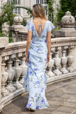 Blue Floral Asymmetrical V Neck Pleated Bridesmaid Dress with Ruffles