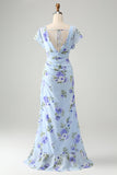 Blue Floral A Line V Neck Asymmetrical Maxi Dress with Ruffles