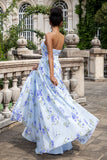 Blue Floral A Line Sweetheart Pleated Long Maxi Dress