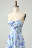 Blue Floral A Line Sweetheart Pleated Long Maxi Dress