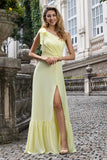Yellow A Line One Shoulder Pleated Long Maxi Wedding Party Guest Dress with Slit