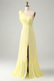 Yellow A Line One Shoulder Pleated Long Maxi Dress with Slit