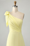 Yellow A Line One Shoulder Pleated Long Maxi Dress with Slit