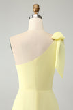 Yellow A Line One Shoulder Pleated Long Maxi Dress with Slit