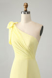 Yellow A Line One Shoulder Pleated Long Maxi Dress with Slit