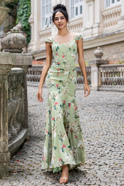 Green Large Flower Sheath Ruched Long Bridesmaid Dress