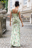 Green Large Flower Sheath Ruched Long Bridesmaid Dress