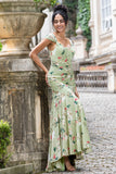 Green Large Flower Sheath Ruched Long Bridesmaid Dress