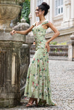 Green Large Flower Sheath Ruched Long Bridesmaid Dress