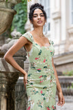 Green Large Flower Sheath Ruched Long Bridesmaid Dress