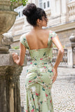Green Large Flower Sheath Ruched Long Bridesmaid Dress