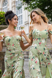 Green Large Flower Sheath Ruched Long Bridesmaid Dress