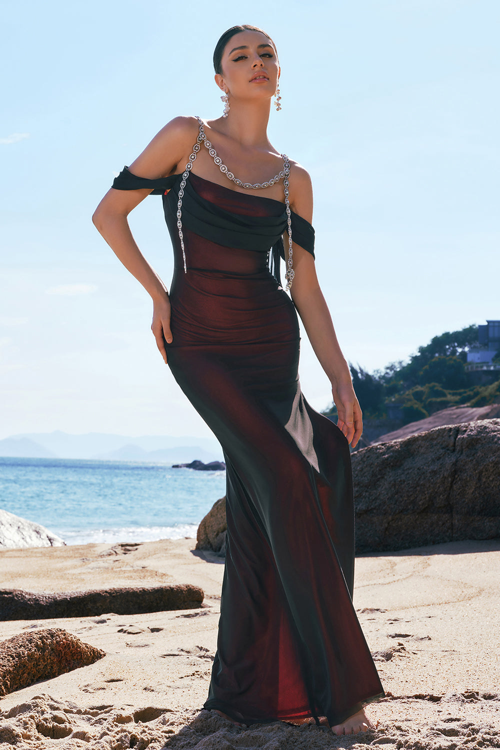 Wedtrend Women Sparkly Black Red Bridesmaid Dress Mermaid Cold Shoulder Beaded Floor Length Dress with Slit, Black Red / US12