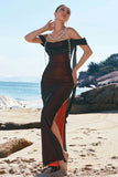 Sparkly Black Red Mermaid Cold Shoulder Beaded Prom Dress with Slit