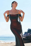 Sparkly Black Red Mermaid Cold Shoulder Beaded Prom Dress with Slit