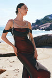 Sparkly Black Red Mermaid Cold Shoulder Beaded Prom Dress with Slit