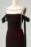 Black Red Sheath Cowl Neck Long Bridesmaid Dress with Rhinestones