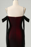 Black Red Sheath Cowl Neck Long Bridesmaid Dress with Rhinestones