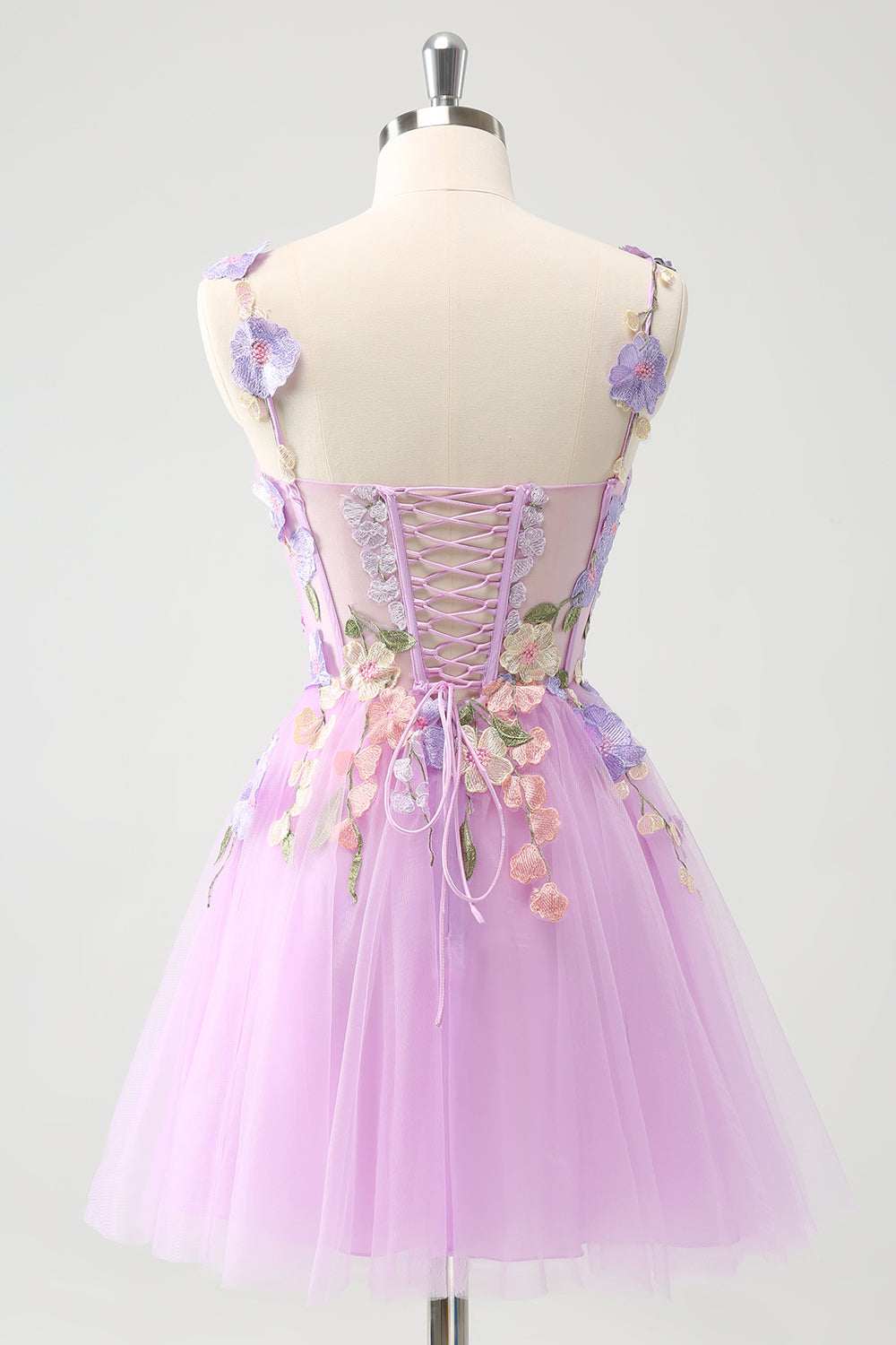 floral-appliqu corset mini dress in lilac A-Line Lilac Short Homecoming Dress with 3D Flowers, Lilac / 12