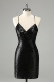Black Bodycon Spaghetti Straps Sequins Short Homecoming Dress with Lace-up Back