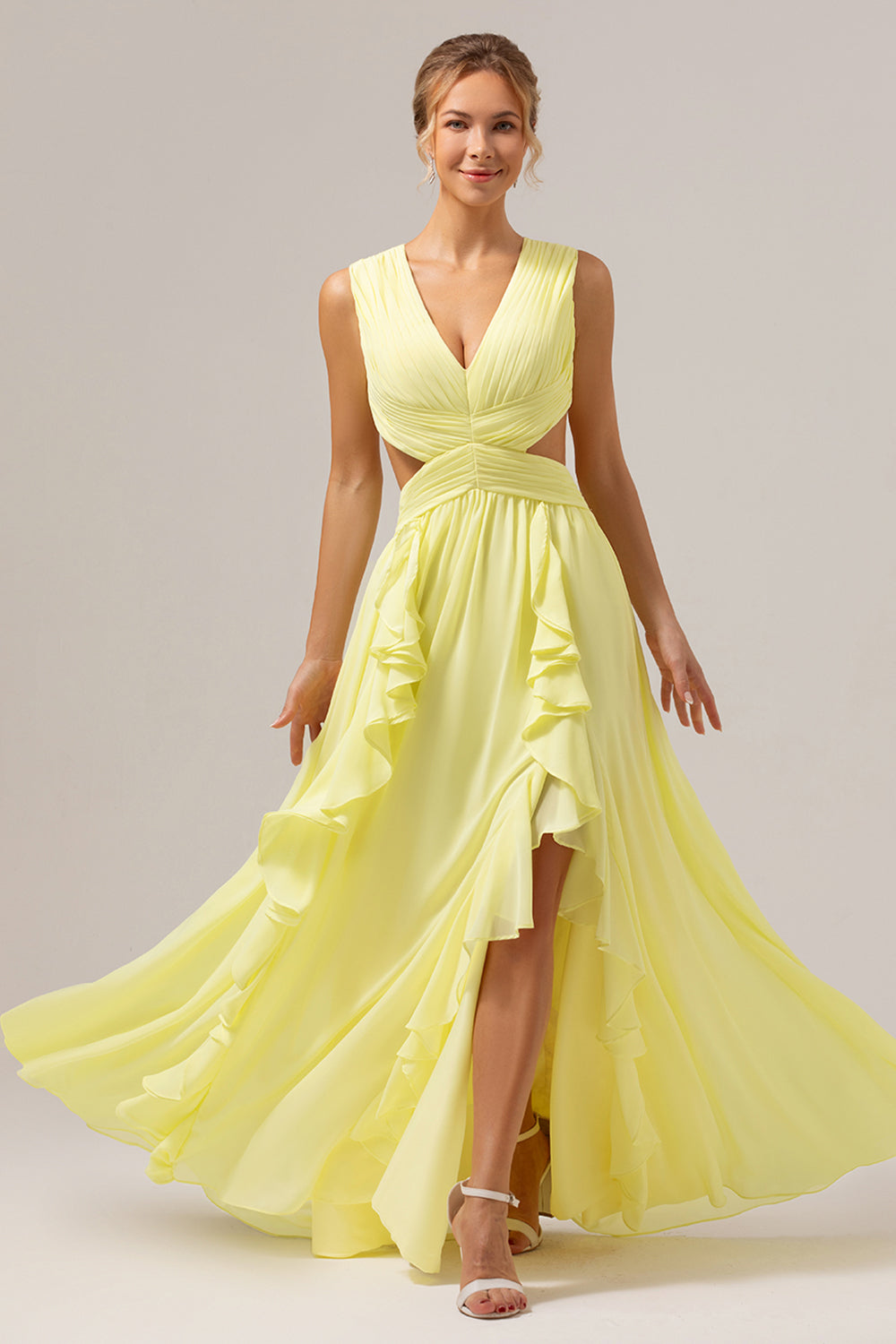 Wedtrend Women Lemon Yellow Long Bridesmaid Dress with Slit A Line V Neck Hollow Out Ruffle Pleated Wedding Guest Dress WEDTREND Wedtrend Women Lemon Yellow Long Bridesmaid Dress with Slit A Line V Neck Hollow Out Ruffle Pleated Wedding Guest Dress WEDTREND