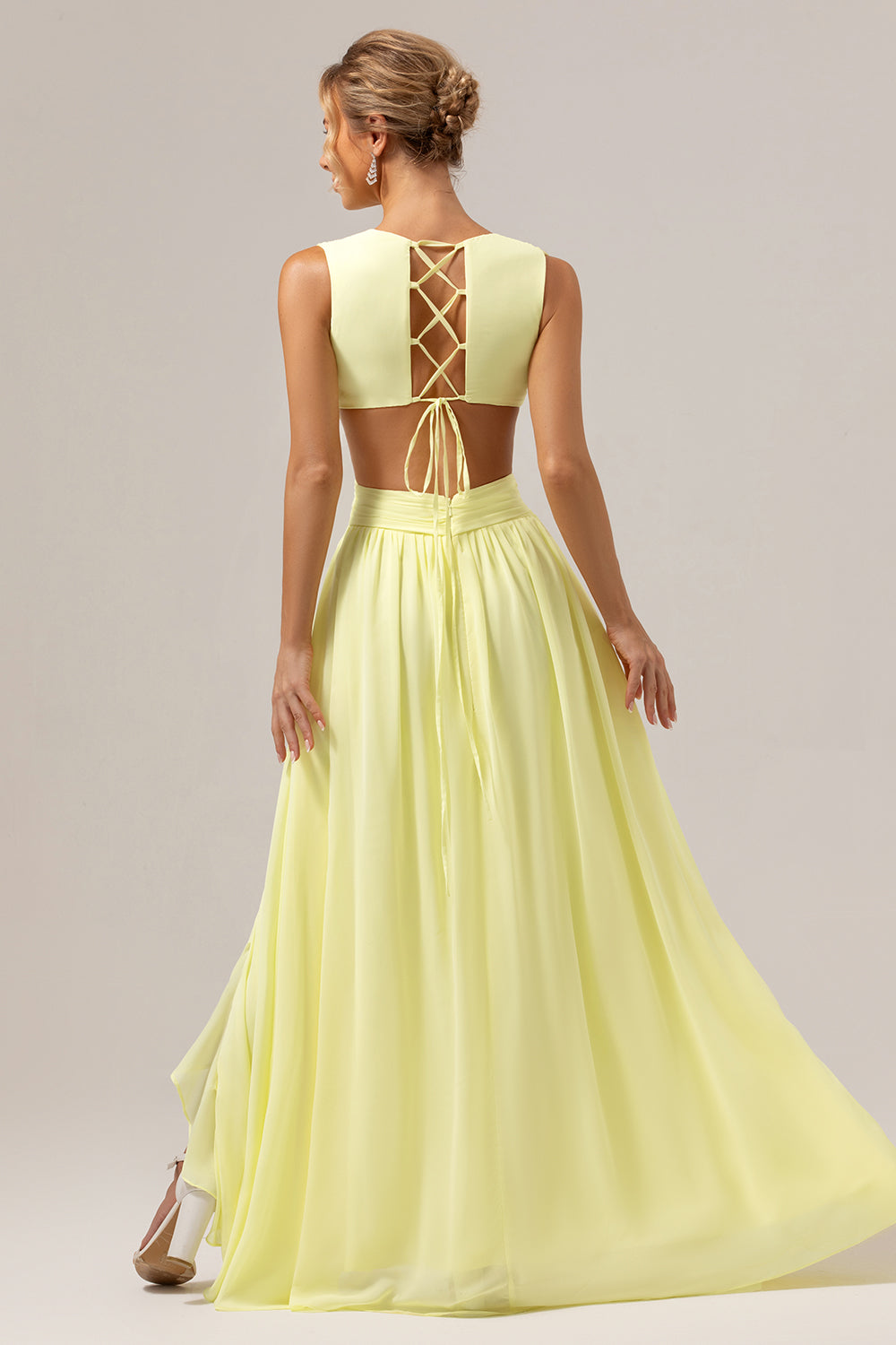 Wedtrend Women Lemon Yellow Long Bridesmaid Dress with Slit A Line V Neck Hollow Out Ruffle Pleated Wedding Guest Dress WEDTREND Wedtrend Women Lemon Yellow Long Bridesmaid Dress with Slit A Line V Neck Hollow Out Ruffle Pleated Wedding Guest Dress WEDTREND