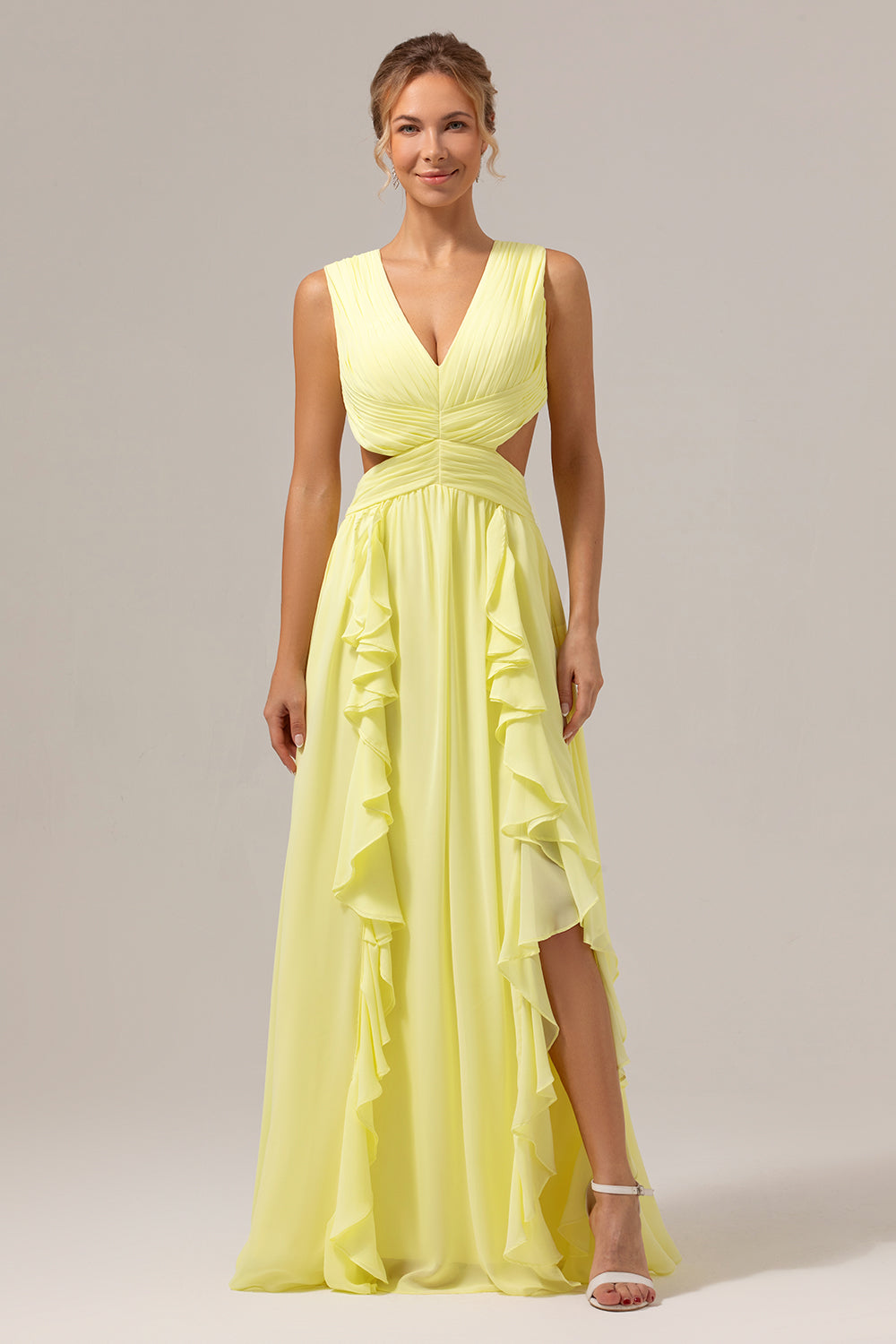 Wedtrend Women Lemon Yellow Long Bridesmaid Dress with Slit A Line V Neck Hollow Out Ruffle Pleated Wedding Guest Dress WEDTREND Wedtrend Women Lemon Yellow Long Bridesmaid Dress with Slit A Line V Neck Hollow Out Ruffle Pleated Wedding Guest Dress WEDTREND