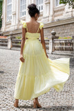 Simple A Line Pleated Chiffon Lemon Yellow Wedding Party Guest Dress with Ruffles