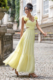 Simple A Line Pleated Chiffon Lemon Yellow Wedding Party Guest Dress with Ruffles