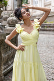 Simple A Line Pleated Chiffon Lemon Yellow Wedding Party Guest Dress with Ruffles