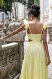 Simple A Line Pleated Chiffon Lemon Yellow Wedding Party Guest Dress with Ruffles