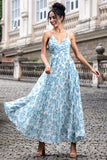 White Blue Flower A Line Spaghetti Straps Pleated Floral Bridesmaid Dress
