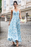 White Blue Flower A Line Spaghetti Straps Print Pleated Long Bridesmaid Dress