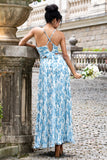 White Blue Flower A Line Spaghetti Straps Print Pleated Long Bridesmaid Dress